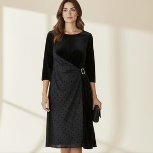 Velvet Polka Dots Black Dress Tahari Side Ruched Party Office Siren Dress 6P